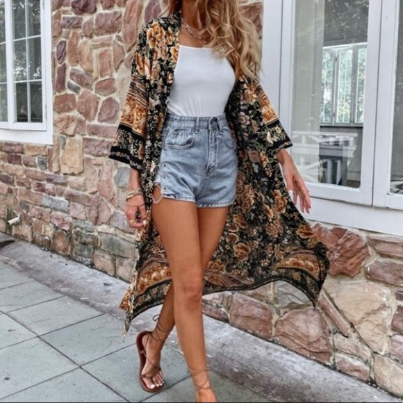 New Boho Country Cottage Kimono Maxi Long Robe Jacket Duster - Picture 2 of 9